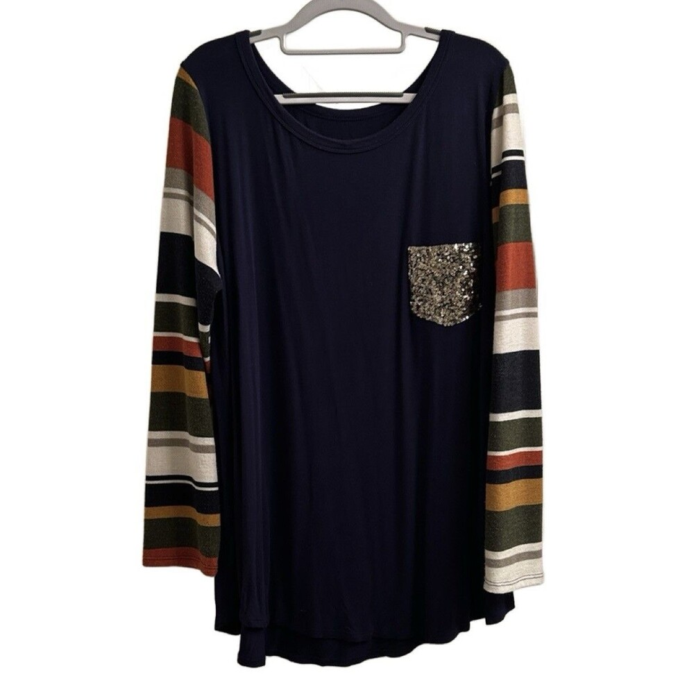 Women’s Blue Contrast Striped Sequin Crew Neck Raglan Sleeve Casual Top Size 2x